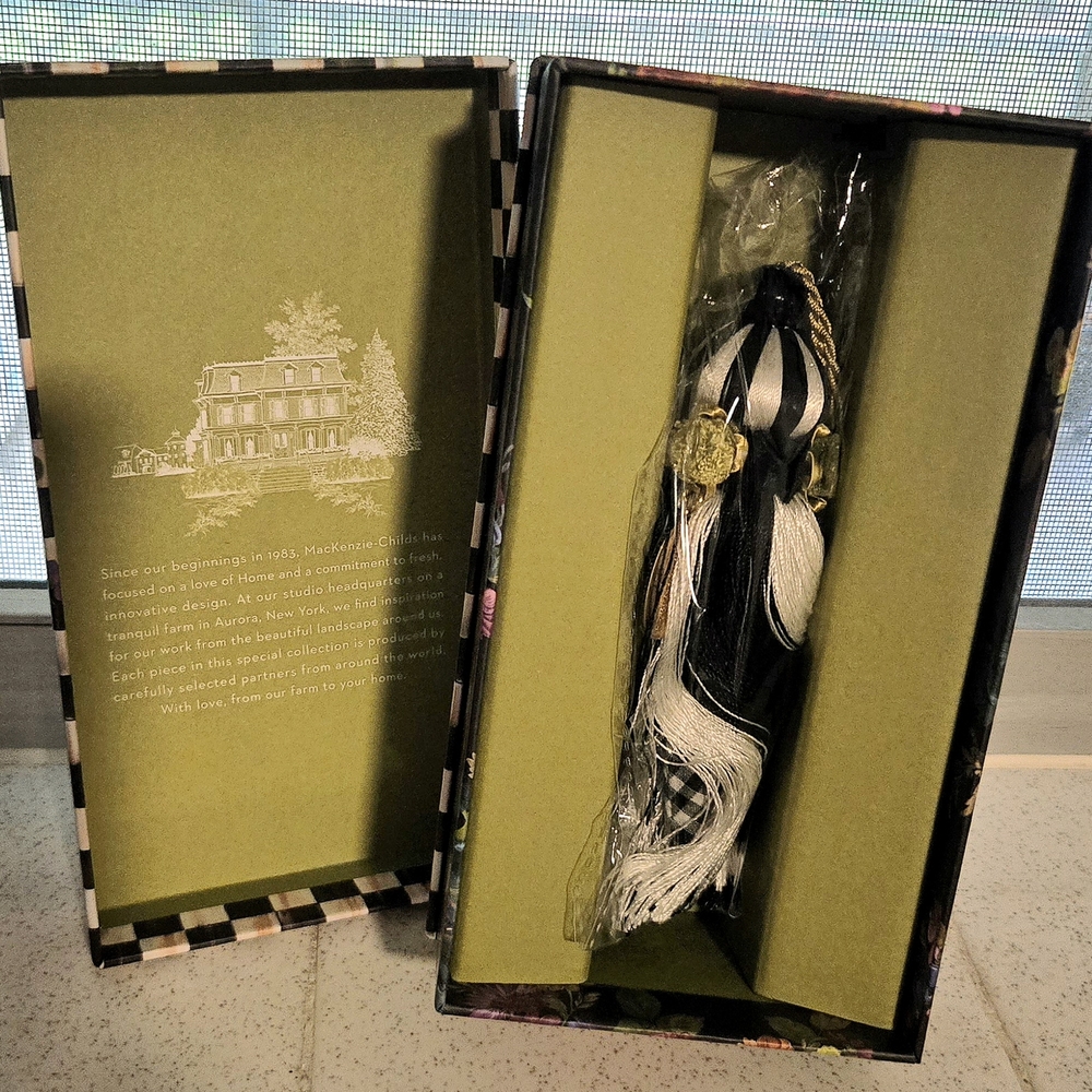 MacKenzie-Childs Black and White Check Floral Scented Tassel Box